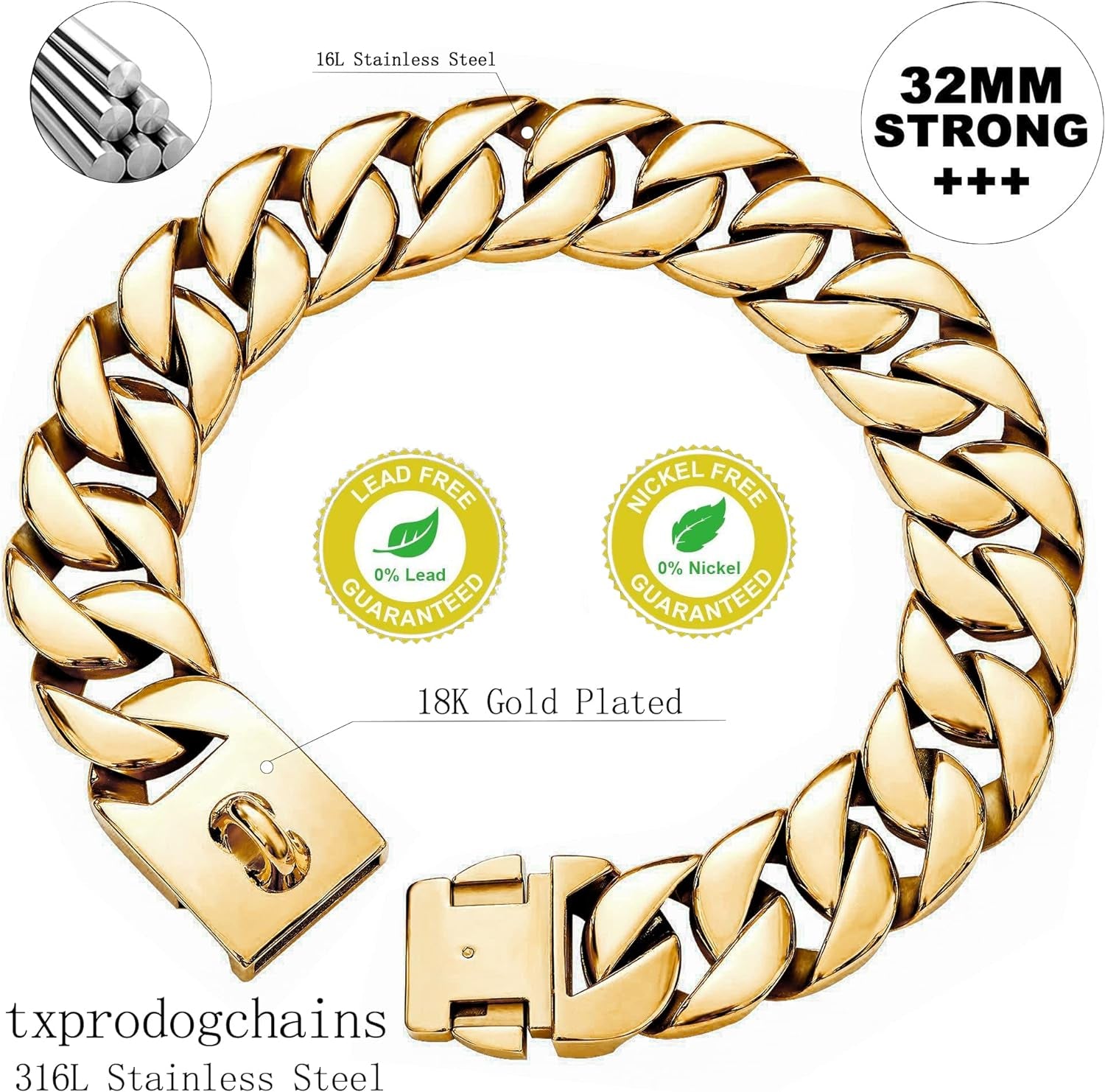 32MM Thick Cuban Link Collar - Strong Metal Gold Dog Collar with Buckle for Large Dogs