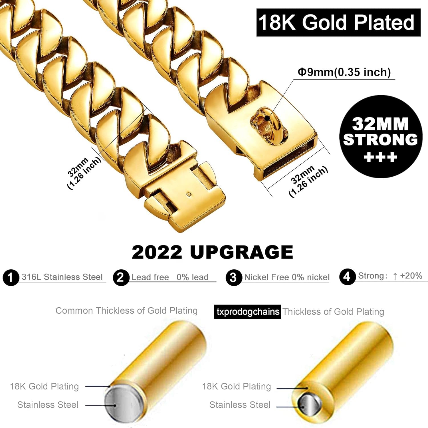 32MM Thick Cuban Link Collar - Strong Metal Gold Dog Collar with Buckle for Large Dogs